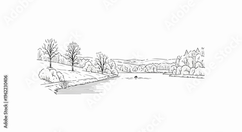 A sketch of a serene lakeside scene with rolling hills and bare trees