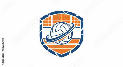 A shield graphic featuring a volleyball with orbiting swooshes