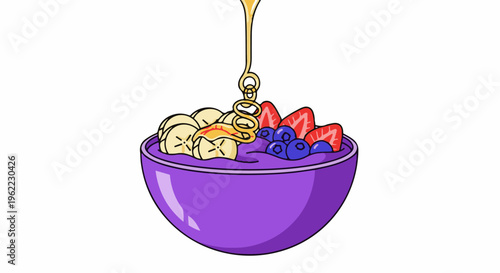 A purple bowl overflowing with purple goodness, topped with fruit slices and drizzled with honey