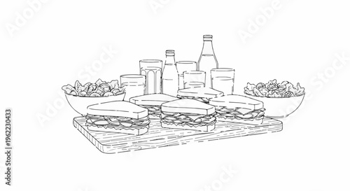A sketch of sandwiches, salads, glasses, and bottles arranged on a wooden board