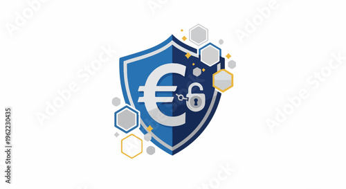 A shield with a euro symbol and a lock, surrounded by hexagons