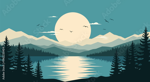 Serene Lake Reflecting Majestic Sunset Over Mountainous Landscape.