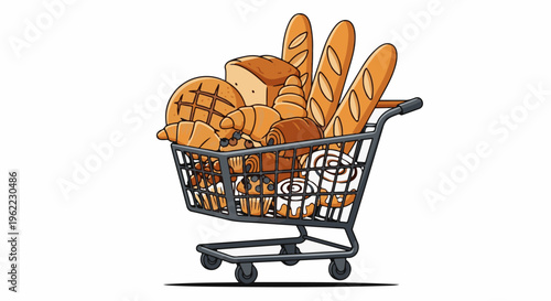 A shopping cart overflowing with a variety of baked goods like bread, croissants, and pastries
