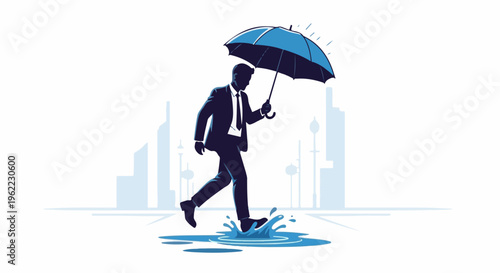 A silhouetted businessman in a suit walks with an umbrella through city puddles