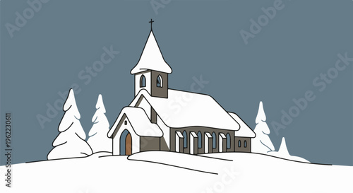 A quaint snow-covered church with evergreen trees in a winter landscape