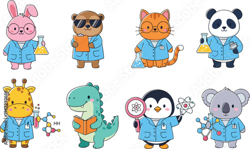 Cute Animal Scientists in Lab Coats with Science Tools for Kids, Education, and Fun Science Design Projects