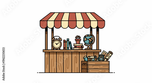 A quaint stall displays a globe, books, clock, camera, and map