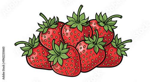 A pile of ripe red strawberries with green stems and leaves