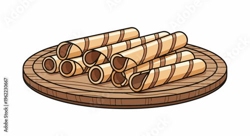 A pile of rolled wafer cookies with chocolate filling sits on a wooden platter