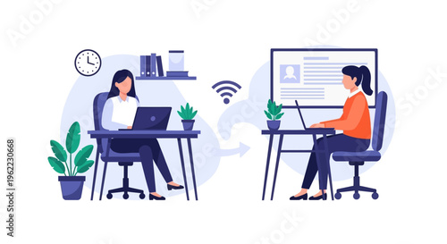 Remote Work & Online Collaboration. Businesswomen Telecommuting, Connecting Virtually via WiFi for Flexible Work. Digital Productivity Concept.