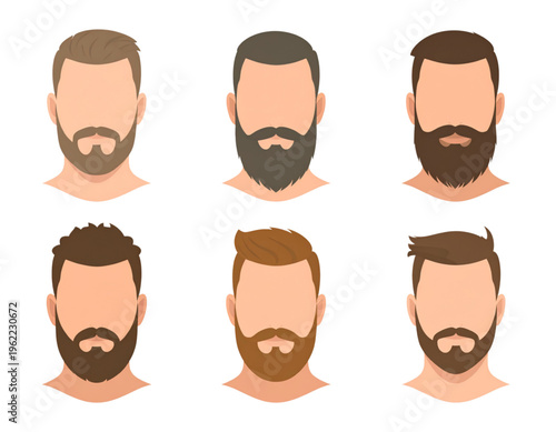 A collection of six distinct male head avatars featuring various modern haircuts and thick beards