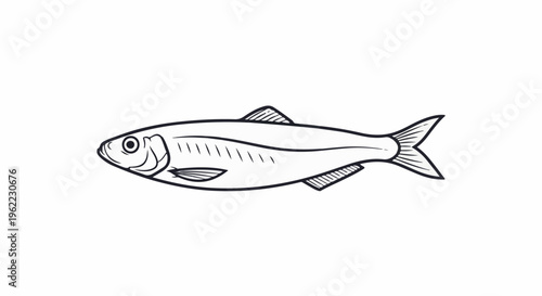 A simple black and white line drawing of a single fish swimming horizontally