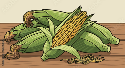 A pile of ripe yellow corn ears with green husks rests on a wooden surface