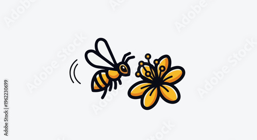 A stylized bee with striped abdomen flies towards a yellow flower