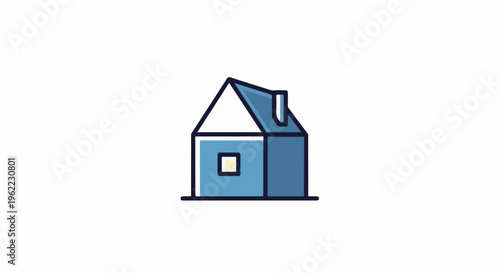 A simple blue house with a light yellow window and chimney