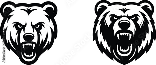 Bear head vector logos set, aggressive roaring bear mascot designs for sports branding