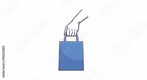 A simple cartoon hand holds a blue shopping bag