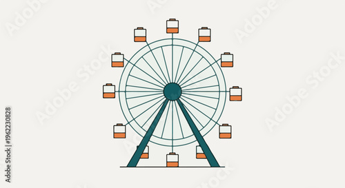 A simplistic graphic of a Ferris wheel with orange and white cabins