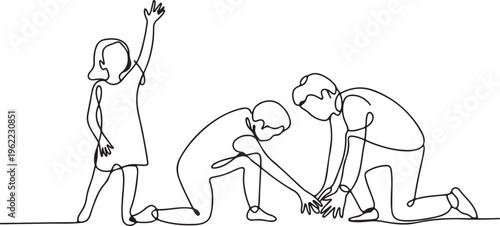 Happy Family Continuous Line Art Drawing Parents With Little Girl United Family Portrait Minimal Black Linear Sketch Vector Illustration