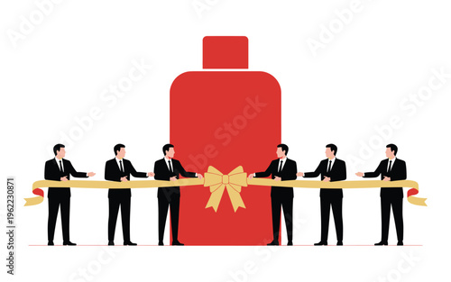 A group of businessmen in suits cutting a ribbon with a large red bottle in the background