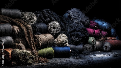 Disheveled stacks of well-worn fabric scraps and yarn rolls in a dimly lit studio setting