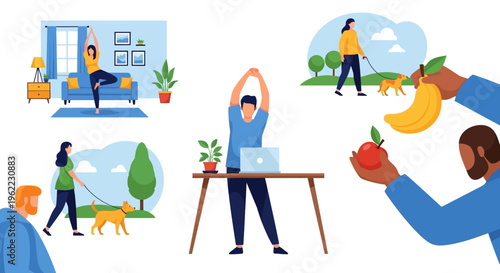 Healthy Lifestyle Activities: Daily Wellness Routines, Physical Exercise, Healthy Eating & Pet Walking - Vector Illustration