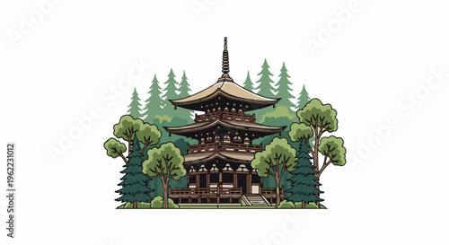 A pixel art illustration of a tiered wooden pagoda surrounded by lush green trees and foliage