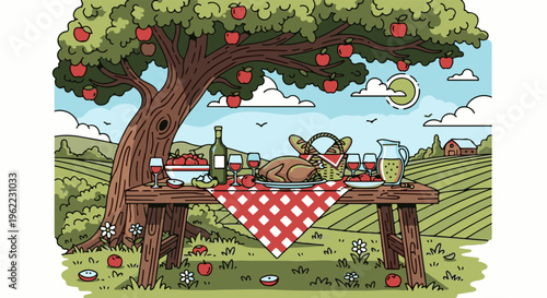 A rustic outdoor feast beneath a bountiful apple tree, featuring roasted poultry, wine, and fruit