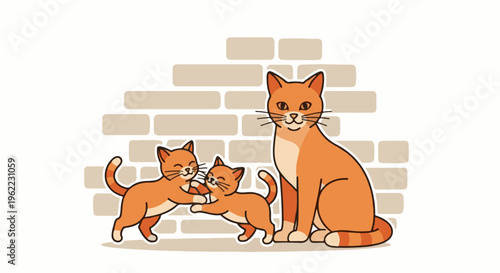 A mother cat and two kittens playing in front of a brick wall