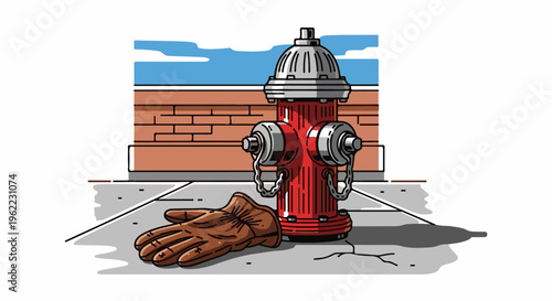 A red fire hydrant stands next to a brick wall with a pair of gloves