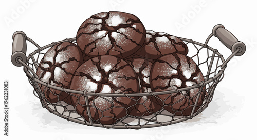 A rustic wire basket overflows with cracked chocolate cookies dusted with powdered sugar