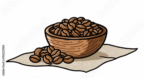 A rustic wooden bowl overflows with roasted coffee beans on a textured mat