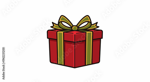 A red gift box with a green and yellow ribbon bow