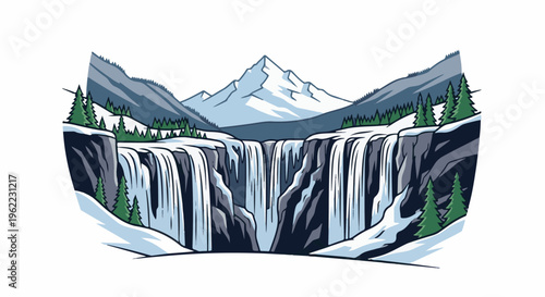 A majestic frozen waterfall cascades between snow-covered mountains and pine trees