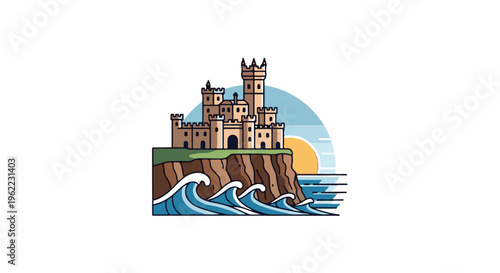 A pixelated medieval castle stands majestically on a cliff overlooking the sea at sunset
