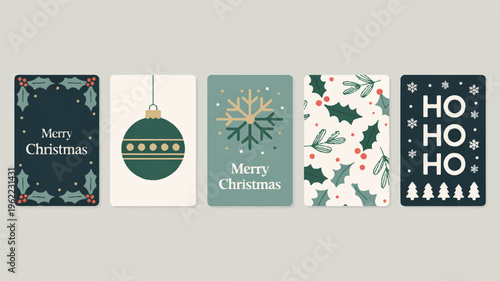 Christmas cards with holiday designs and messages on a light gray background
