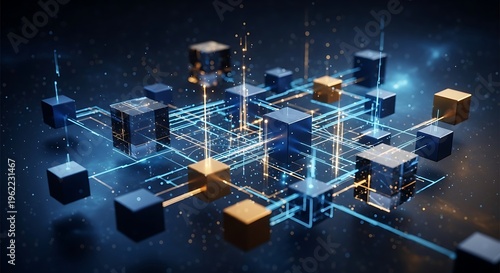 Abstract digital network of glowing cubes and lines connecting in dark space