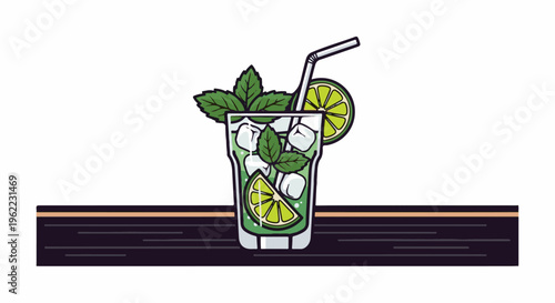 A refreshing tall glass of mojito with ice, mint, lime, and a straw