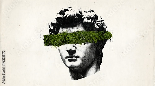 David Statue with Grass Eyes - Art & Nature Fusion