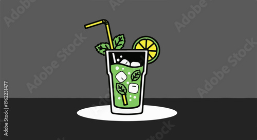 A refreshing, stylized green beverage with ice, mint, and lemon