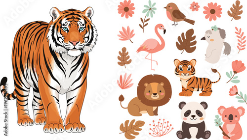 Wild Animal Vector Set Featuring Realistic Tiger and Cute Cartoon Animals Including Lion, Panda, Koala, Tiger Cub, Flamingo, and Bird Wildlife Illustration Collection