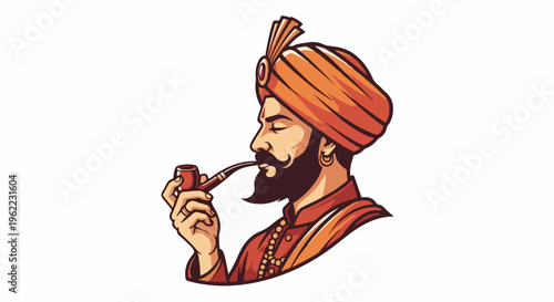 A man in a turban and traditional clothing smokes a pipe
