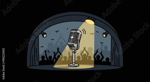 A retro microphone shines brightly on a stage with a cheering audience