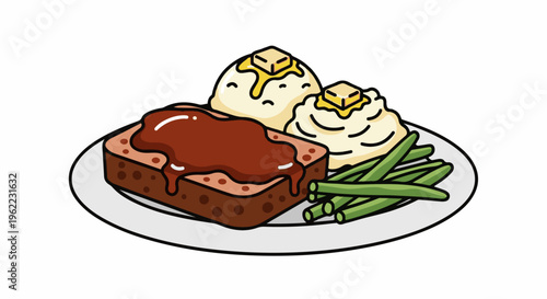 A plate of comfort food meatloaf, mashed potatoes with butter, and green beans