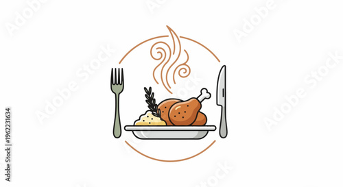 A plate of roast chicken with mashed potatoes, fork and knife