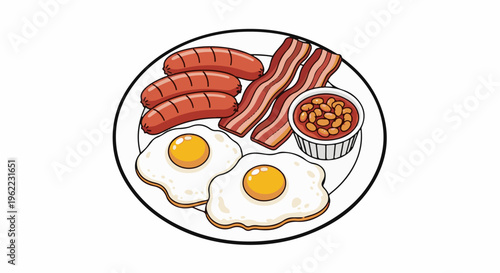 A plate of fried eggs, sausages, bacon, and beans, a hearty breakfast