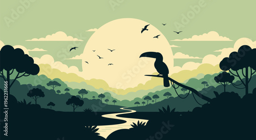 Silhouette of a toucan perched on a branch against a large sun.