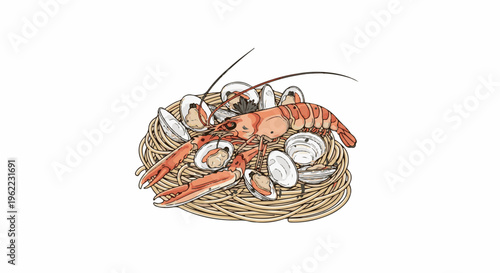 A plate of spaghetti topped with a lobster and clams