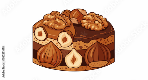 A rich, layered chocolate cake adorned with whole and halved nuts