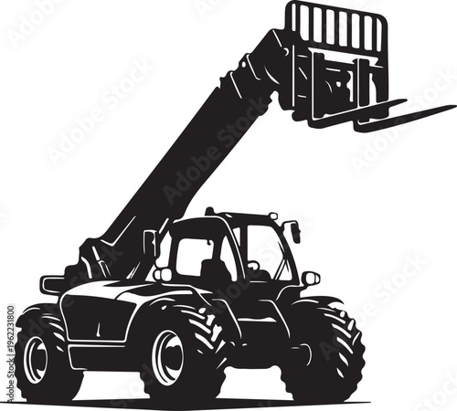 Tractor, forklift, telehandler, industrial vehicle, heavy equipment, silhouette, black and white